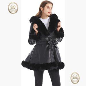 Faux Leather Jacket with Faux Fur Collar, Peplum Parka Coat with Belt